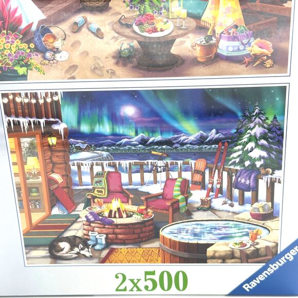 Ravensburger Jigsaw Puzzle Cabana Retreat Northern Lights Beach Cabin Hot Tub 2 - Picture 4 of 11